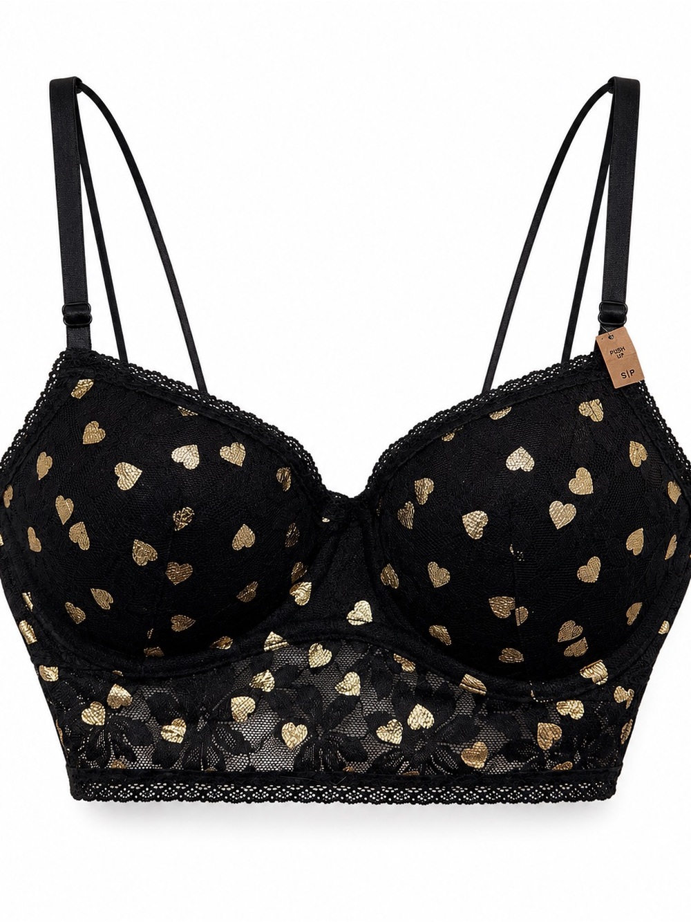PINK Victoria's Secret Black Lace Longline Bra with Gold Heart Accents